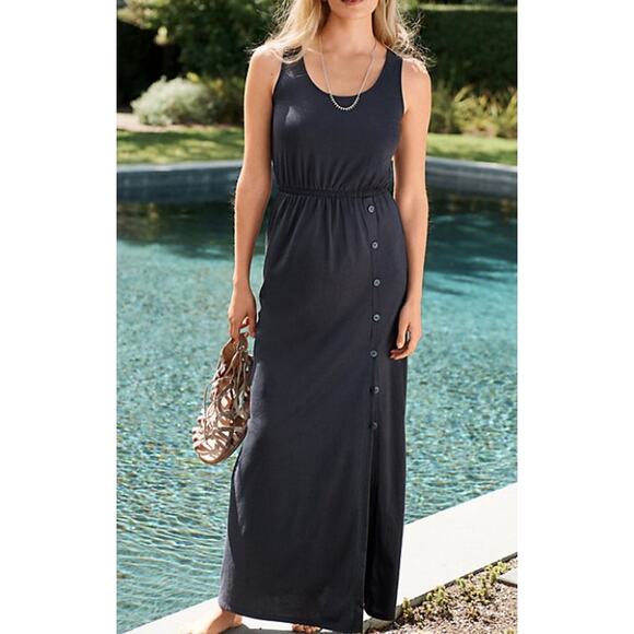 Garnet Hill, Navy Blue Side-Button Knit Maxi Dress, size Large New! - Picture 1 of 11